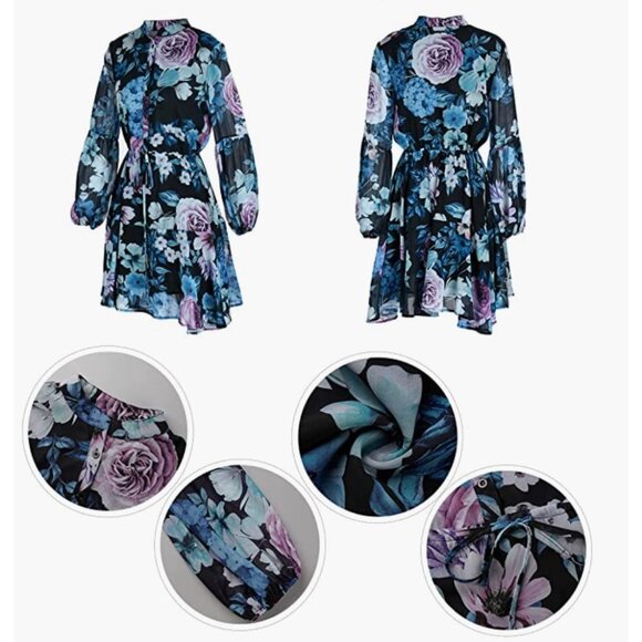 Multicolor Floral Printed Belted Ruffle Long Sleeve‎ Button Up A-Line Mini Dress - Picture 6 of 9